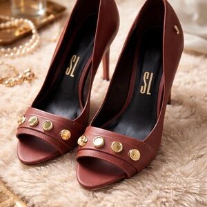 Santa Lolla Elegant Brown Peep-Toe Heels w Gold Stud Detail Chic Dress Pumps